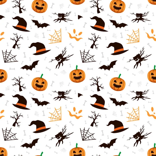Halloween Patrón Sin Costura Miedo Fondo Con Calabazas Sombrero Bruja — Vector de stock