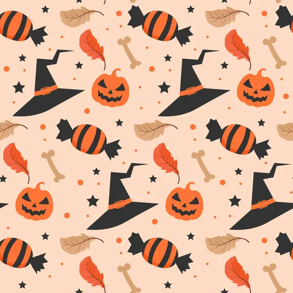Modèle Halloween Avec Chapeau Sorcière Bonbons Halloween Modèle Sans Couture — Image vectorielle