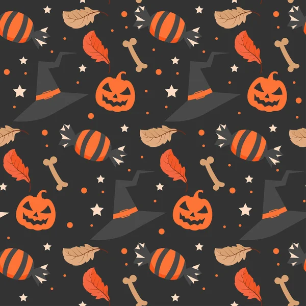 Patrón Halloween Oscuro Con Sombrero Bruja Caramelo Halloween — Vector de stock