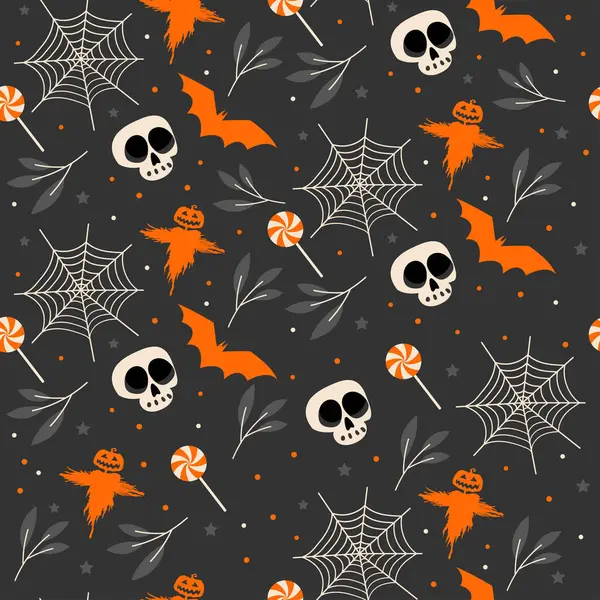 Modèle Sans Couture Halloween Foncé Avec Épouvantail Filet Araignée — Image vectorielle