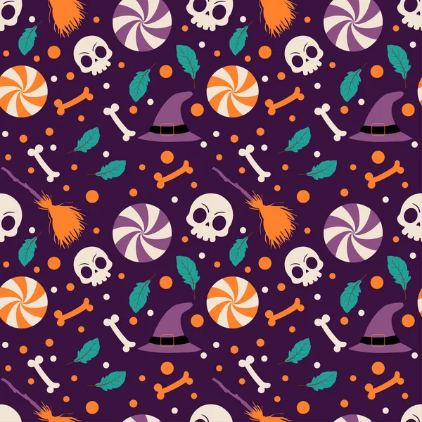 Fondo Patrón Halloween Con Cráneo Halloween Dulces Sobre Fondo Oscuro — Vector de stock