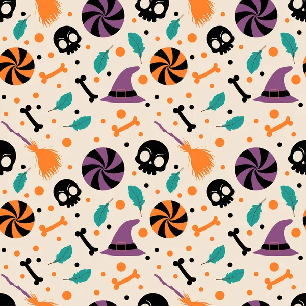 Patrón Sin Costura Halloween Con Sombrero Bruja Cráneo Halloween Dulces — Archivo Imágenes Vectoriales
