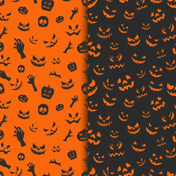 Halloween Sans Couture Modèles Collection Avec Crâne Citrouille Effrayant Visage — Image vectorielle
