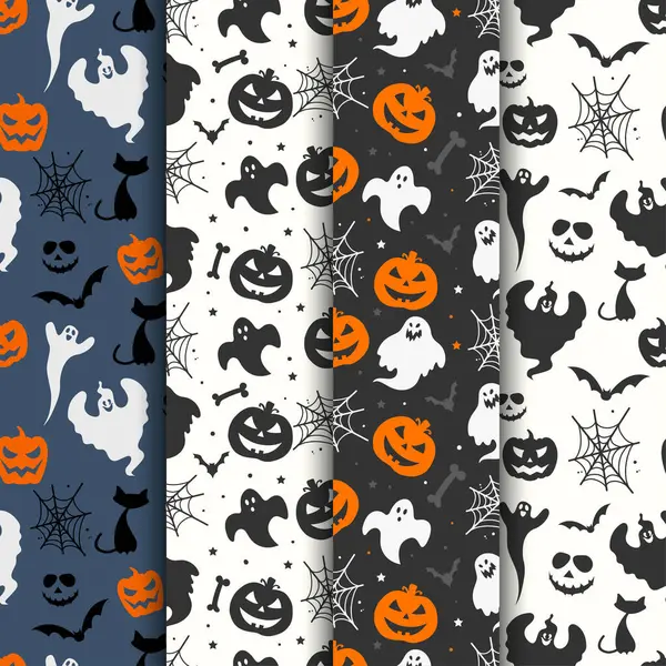 Halloween Sømløse Mønstre Baggrund Samling Illustration Med Spøgelser Katte Flagermus – Stock-vektor