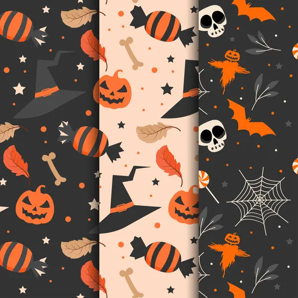 Kollektion Von Halloween Mustern Mit Hexenhut Halloween Süßigkeiten Und Spinnweben — Stockvektor