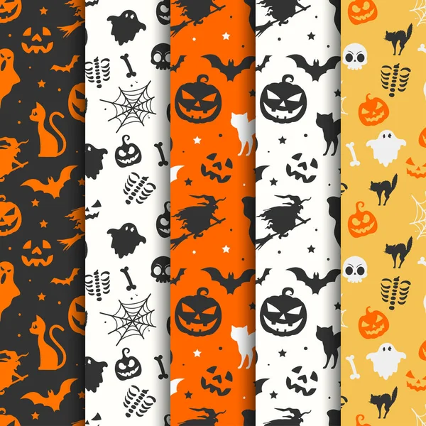 Halloween Płynne Wzory Kolekcji Duchów Kotów Dynie Czarownica — Wektor stockowy