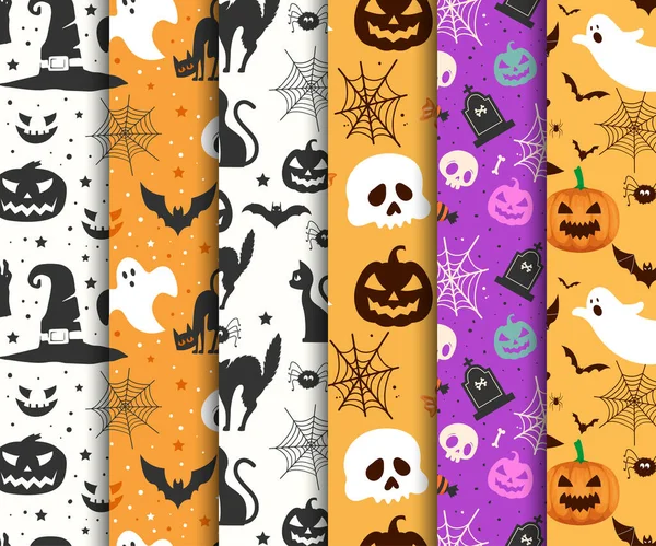 Halloween Patterns Collection Cats Witch Hat Spiderwebs Pumpkins — Stock Vector