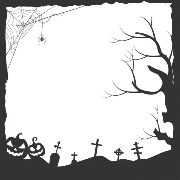 Schwarze Rahmenillustration Halloween Mit Spinnennetz Und Baumsilhouetten — Stockvektor