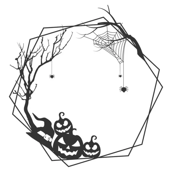 Halloween Sechseckige Rahmeneinfassung Mit Spinnennetz Und Halloween Baum — Stockvektor