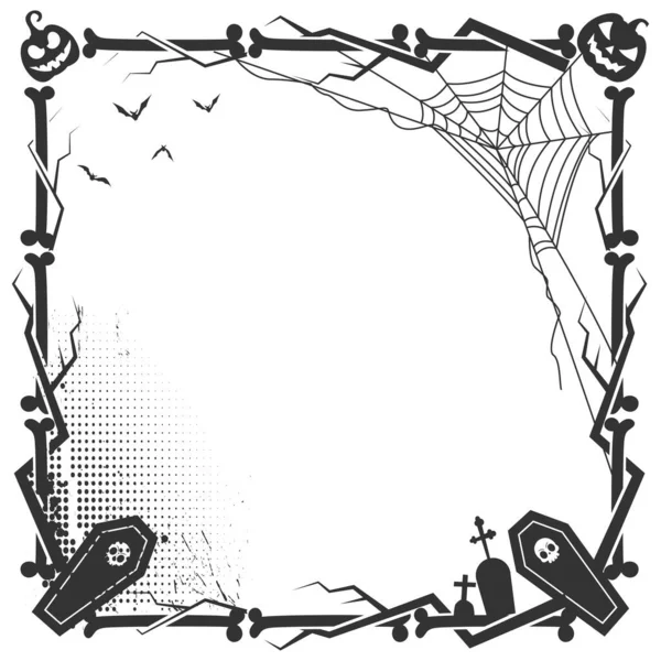 万圣节的边框上有骷髅 女巫帽和蜘蛛网等元素 — 图库矢量图片