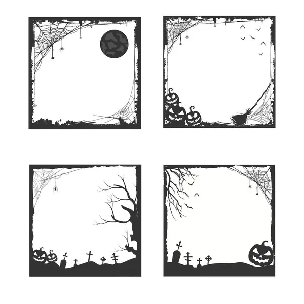 Schwarze Rahmenillustration Halloween Mit Spinnennetz Und Baumsilhouetten — Stockvektor