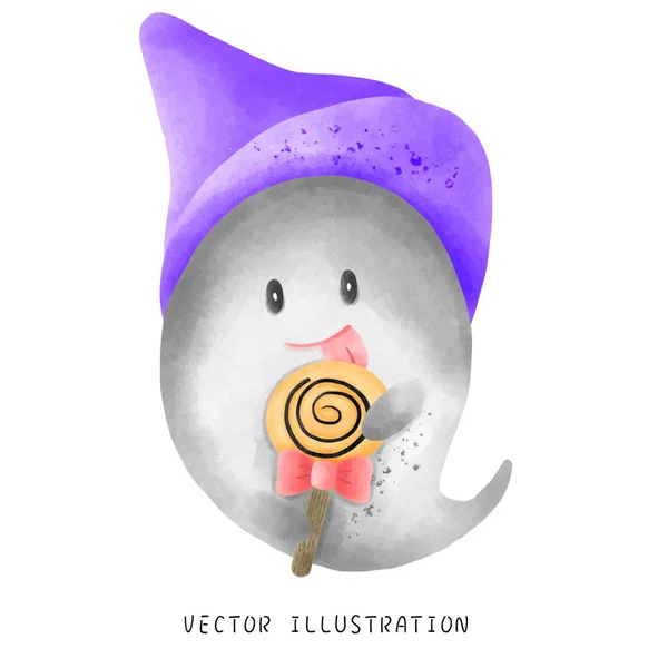 Whimsical Halloween Ghost Floating Lollipop Watercolor Ill — стоковое фото