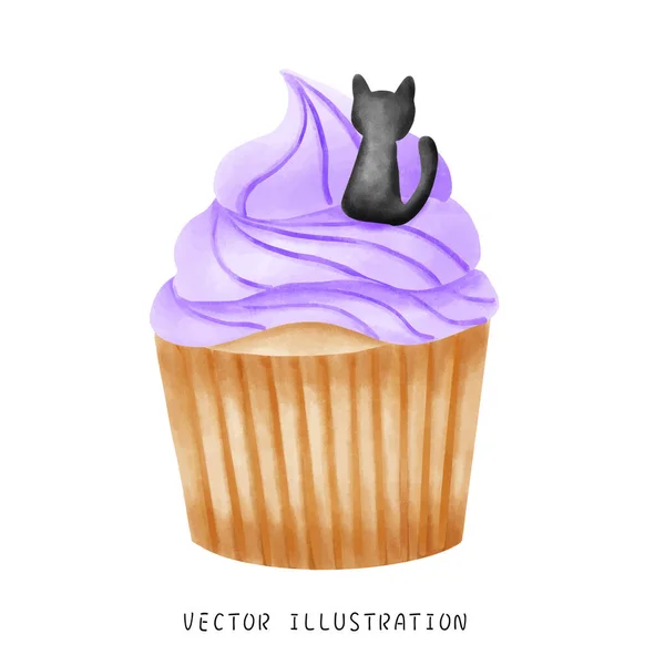 この魅惑的な水彩画のイラストでハロウィンの魅惑的な美しさをお楽しみください チャーミングな黒猫が紫色のカップケーキを優雅に飾り 気まぐれでお祝いのアートワークを作り出します あなたの休日の装飾に魔法のタッチを追加するのに最適です — ストック写真