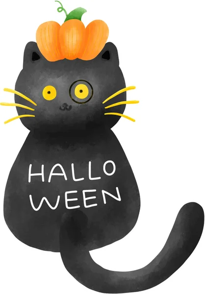 Griezelig Schattig Halloween Zwarte Kat Pompoen Hoed Zittend Weg Aquarel — Stockfoto