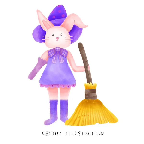 Cute Watercolor Bunny Dressed Witch Halloween Broom Pumpkin — Stock Vector