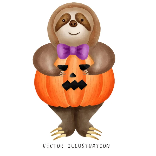 Uma Preguiça Bonita Vestida Como Uma Abóbora Uma Ilustração Aquarela — Vetor de Stock