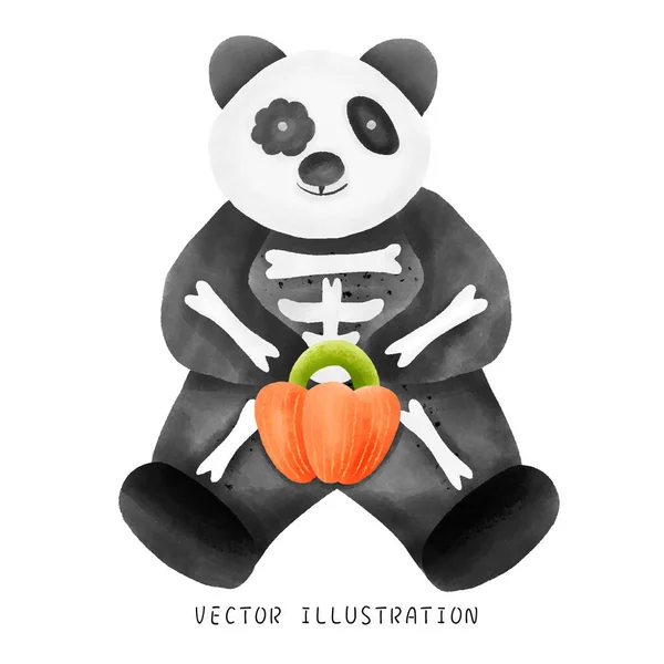 Lindo Panda Acuarela Vestido Como Hombre Cráneo Para Halloween Sosteniendo — Vector de stock