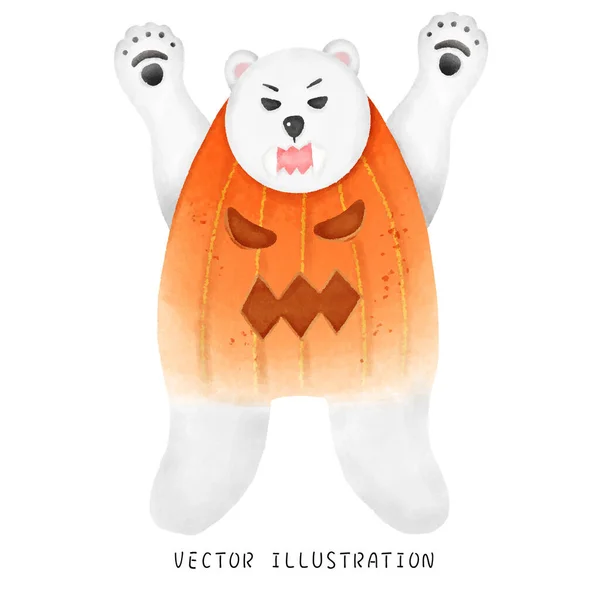 Lindo Oso Polar Acuarela Vestido Como Una Calabaza Para Halloween — Vector de stock