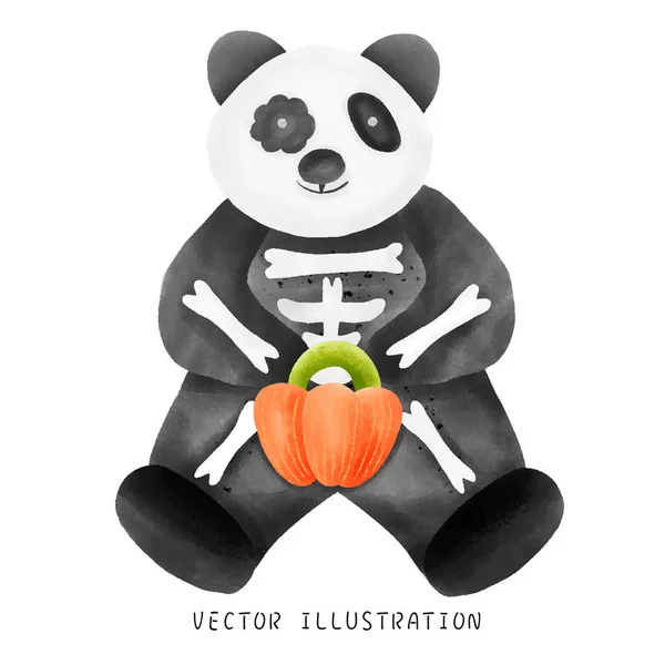 Lindo Panda Acuarela Vestido Como Hombre Cráneo Para Halloween Sosteniendo — Vector de stock