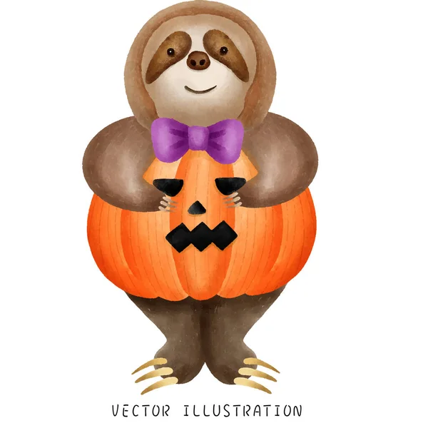Ένα Χαριτωμένο Βραδύπους Ντυμένος Κολοκύθα Μια Ακουαρέλα Εικονογράφηση Για Halloween — Διανυσματικό Αρχείο
