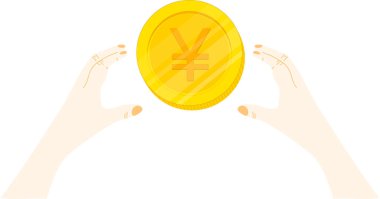Bir dolar şeklinde altın bir madeni parayı tutan el. Düz stil. beyaz arkaplanda izole.