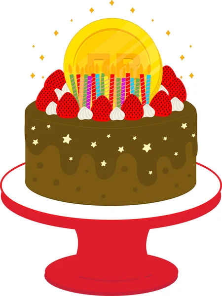 Illustration Einer Geburtstagstorte Mit Kerze Und Erdbeeren Vektorillustration — Stockvektor