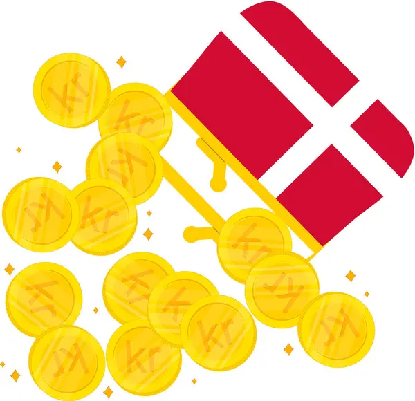 デンマークの旗が付いている金の硬貨 漫画フラットベクターイラスト — ストックベクタ