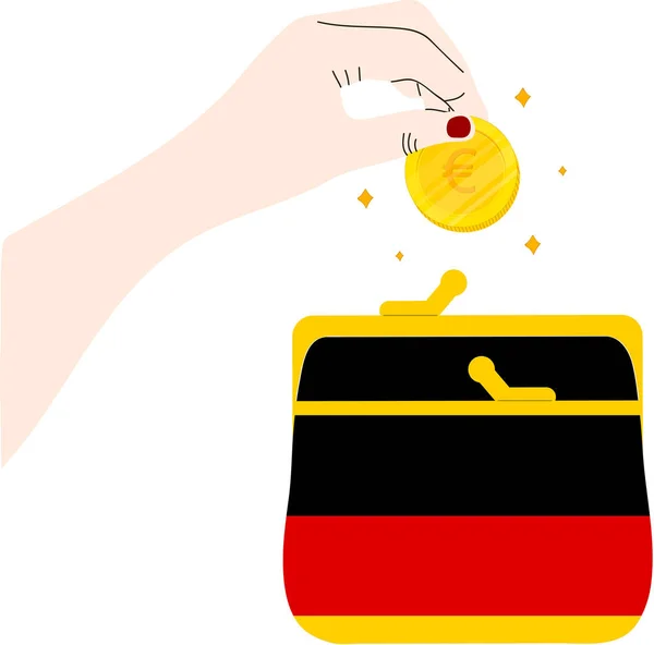 Χέρι Ένα Κέρμα Στην Τσάντα Της Σημαίας Της Γερμανίας — Διανυσματικό Αρχείο