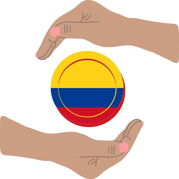 Hands Holding Colombia Flag Isolated White Background Vector Illustration — Stock Vector