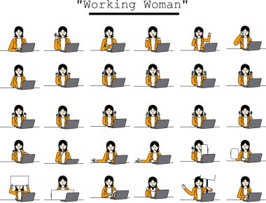 Vektör Düz Stil Japon Çalışan Kız Zarif Turuncu Takım Elbiseli