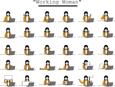 Vektör Düz Stil Japon Çalışan Kız Zarif Turuncu Takım Elbiseli