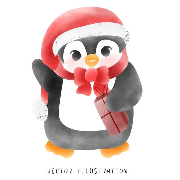Adorable Pingüino Invierno Con Bufanda Roja Ilustración Navidad Caprichosa Sombrero — Vector de stock