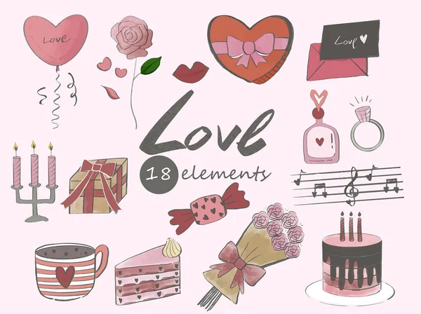 Watercolor Style Valentines Day Elements — Stockvektor