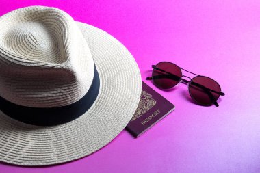 Straw panama hat with passport and sunglasses isolated on a pink background clipart