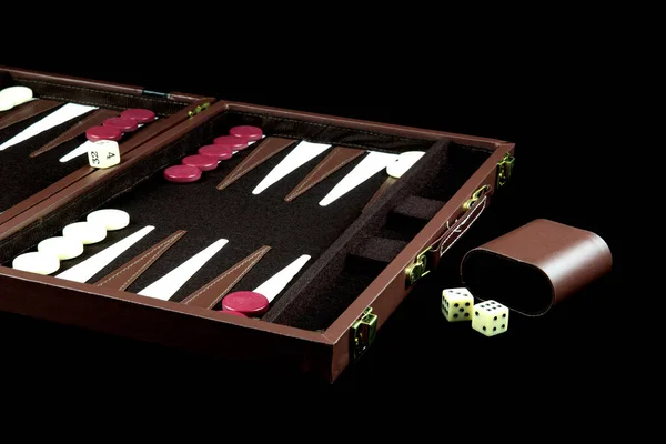 Τάβλι Παιχνίδι Απομονώνονται Ένα Μαύρο Τραπέζι Κορυφή — Φωτογραφία Αρχείου