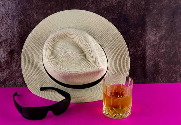 Straw Panama Hat Drink Sunglasses Pink Surface — Stock Photo, Image