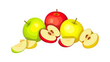 Çizgi film tarzında lezzetli elmaların bir bileşiminin vektör çizimi. Beyaz arka planda izole edilmiş taze kırmızı, yeşil ve sarı elmaların vektör çizimi.
