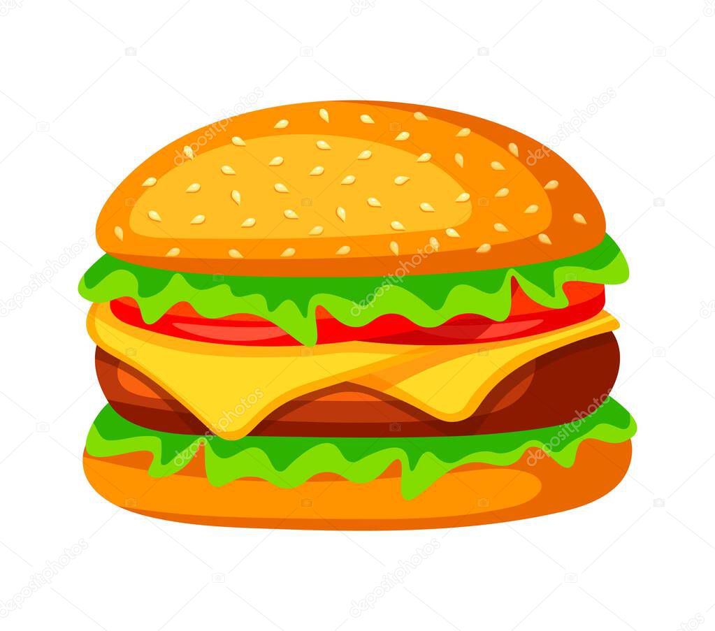 Tasty burger in cartoon style. Vector illustration of a delicious burger bun with sesame, greens, tomatoes, cheese, steak, isolated on a white background. Fast food.