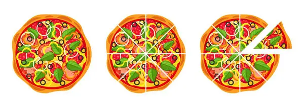 Set Delicious Pizza Cartoon Style Vector Illustration Whole Sliced Pizza — Stock Vector