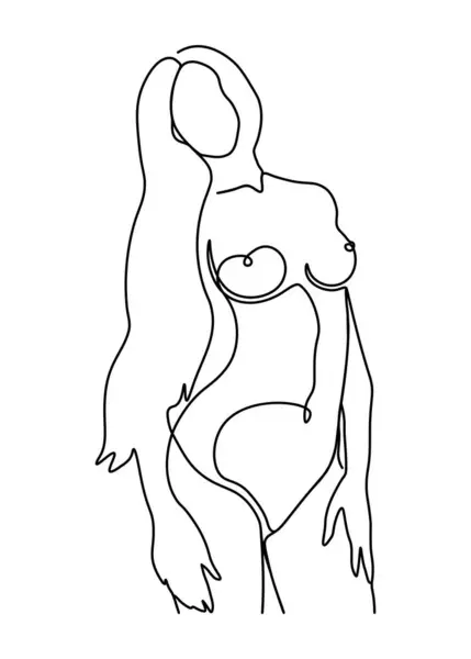  Beyaz arka planda saçları olan güzel, çıplak bir kız. Göğüs, omuzlar ve kolların yuvarlak formlarına sahip ince bir kızın vektör çizimi. Devamlı çizgileri olan bir kadın figürü çizimi.