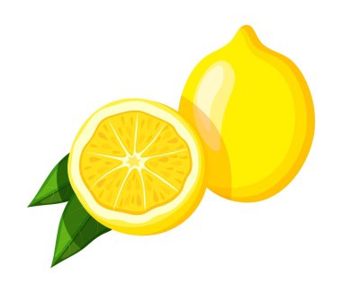 Çizgi film tarzında limon. Lezzetli, taze ve sulu limonun vektör çizimi ve beyaz arka planda yeşil yapraklar. Citrus. Organik yiyecekler.