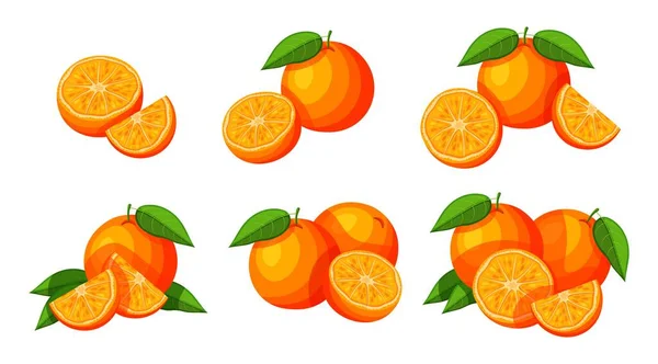 Set Delicious Oranges Cartoon Style Vector Illustration Fresh Juicy Whole Stock Illustration