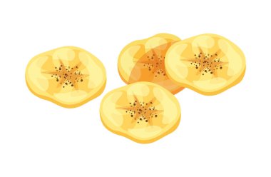 Beyaz arka planda izole edilmiş muz kurutulmuş meyve. Düz bir şekilde kurutulmuş muzun vektör çizimi. Muz ikonu. Sağlıklı atıştırmalıklar. Çizgi film tarzı. Muz cipsi..