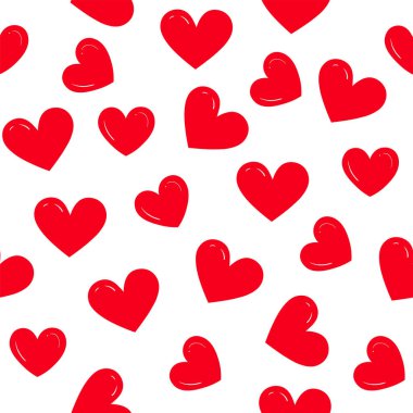 Beyaz arka planda izole edilmiş kalpsiz desenler. Tekstil tasarımı, ambalajı, hediye paketi için kırmızı güzel kalplere sahip vektör deseni..