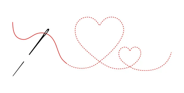 Kalp şeklinde kırmızı iplikli bir iğneyle. Tamam. Kalp nakışlı ileri dikiş. Bir kalp hatının vektör illüstrasyonu.