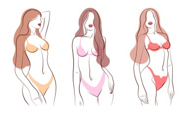 Renkli mayo giymiş, çizgi film tarzında güzel kızlar. Baştan çıkarıcı, iç çamaşırı, sütyen ve külot giymiş seksi kızlar, gür saçlar, beyaz arka planda izole edilmiş şehvetli dudaklar..