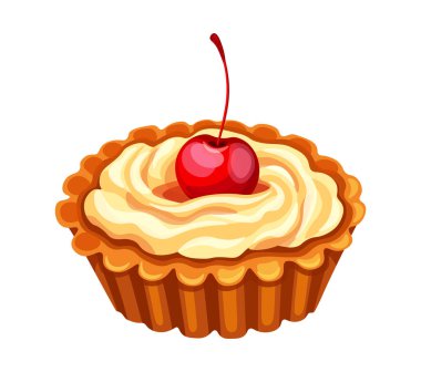 Kısa hamurdan yapılmış lezzetli tart, tereyağlı krema ve çizgi film tarzında kirazlı kokteyl. Beyaz arka planda izole edilmiş lezzetli ve tatlı pastanın vektör çizimi. Tatlı çok lezzetli..