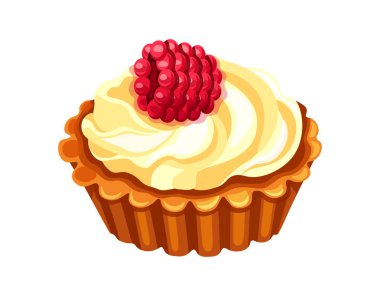 Kremalı tart, kurabiye, çizgi film tarzında ahududu. Beyaz arka planda izole edilmiş lezzetli ve tatlı pastanın vektör çizimi. Şekerleme ürünü.