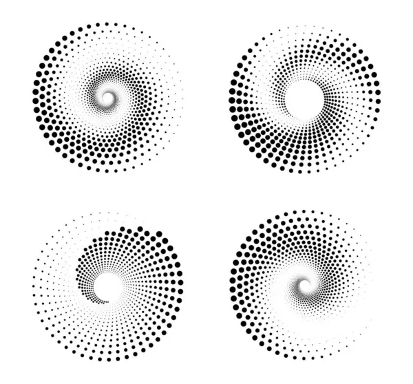 Çizgi film tarzında spiral noktalı daireler. Beyaz arka planda izole edilmiş güzel, farklı dairesel, noktalı spirallerin vektör çizimi. Yarı ton etkisi. Yuvarlak logo.