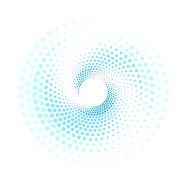  Çizgi film tarzında dairesel kıvrımlı spiral. Beyaz arkaplanda izole edilmiş mavi noktaların vektör çizimi. Dairesel logo. Yarı ton etkisi. Soyut arkaplan.